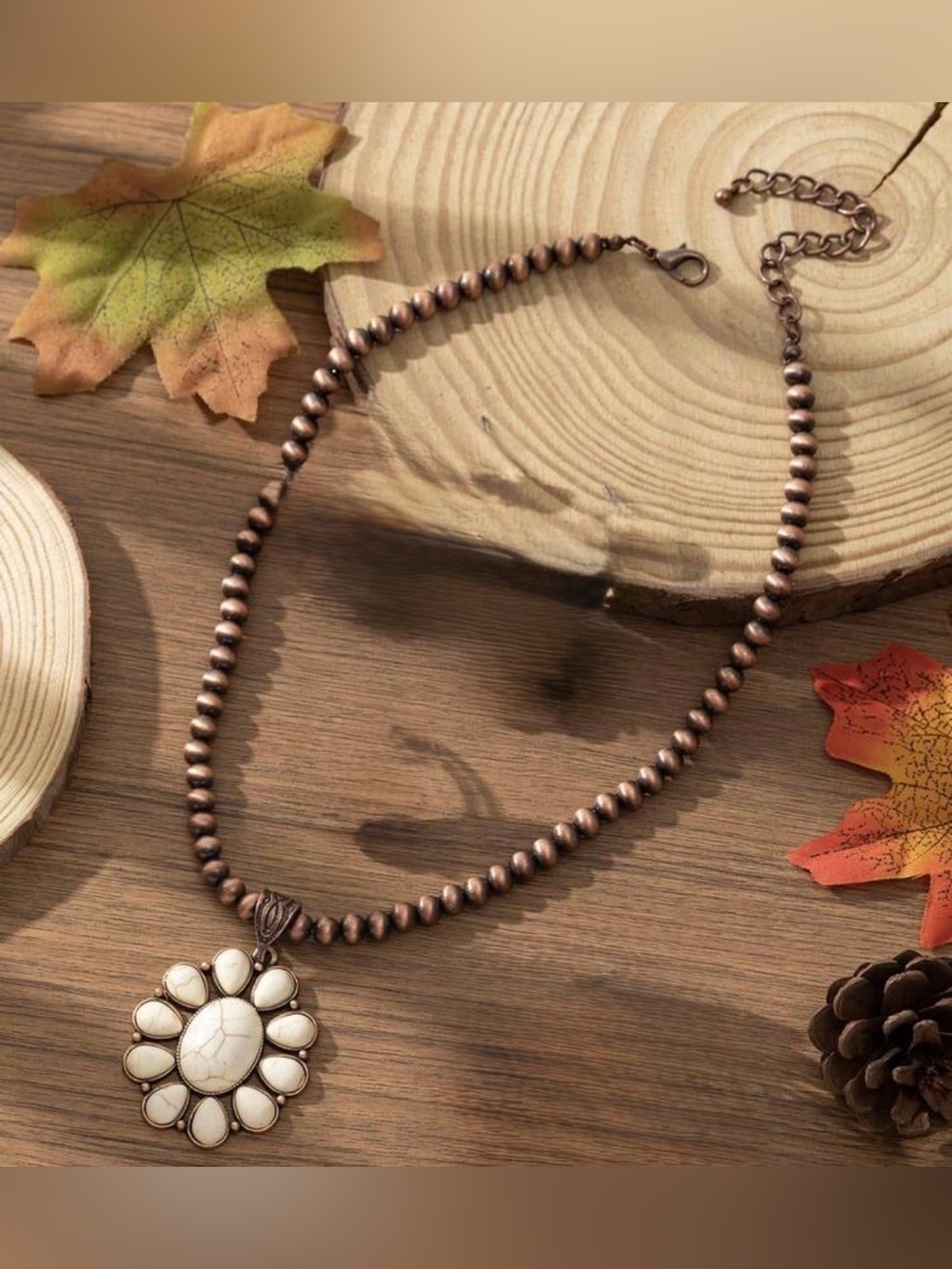Western Necklace Boho White Turquoise Stone Flower Pendant Beaded Necklace